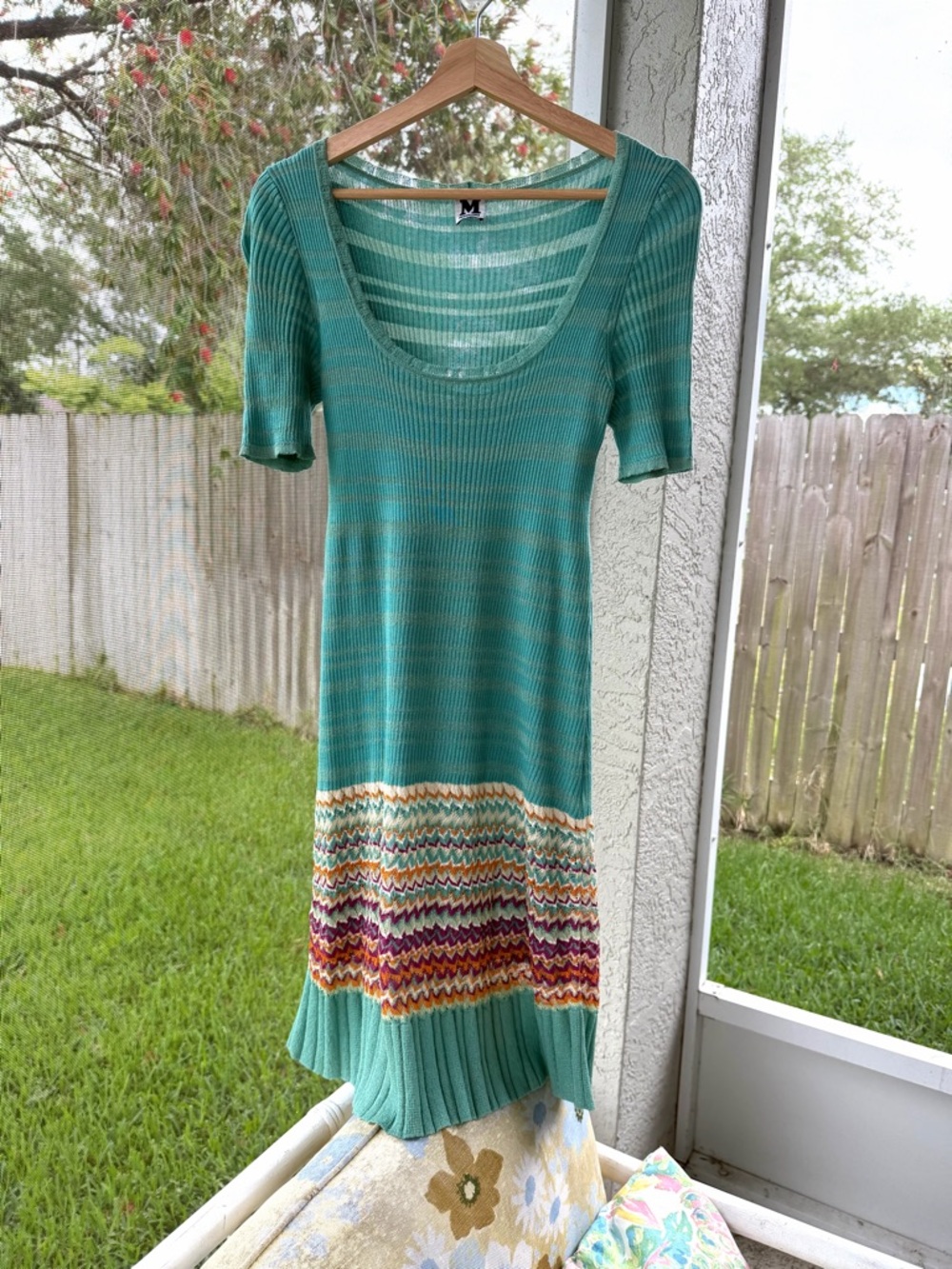 M Missoni Chevron Knit Dress Italy Turquoise Scoop Neck Stretch Pleated Hem Midi